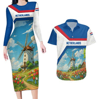 Netherlands Couples Matching Long Sleeve Bodycon Dress and Hawaiian Shirt Dutch Windmill and Tulip Field Landscape in National Flag Colors - Wonder Print Shop