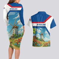 Netherlands Couples Matching Long Sleeve Bodycon Dress and Hawaiian Shirt Dutch Windmill and Tulip Field Landscape in National Flag Colors - Wonder Print Shop