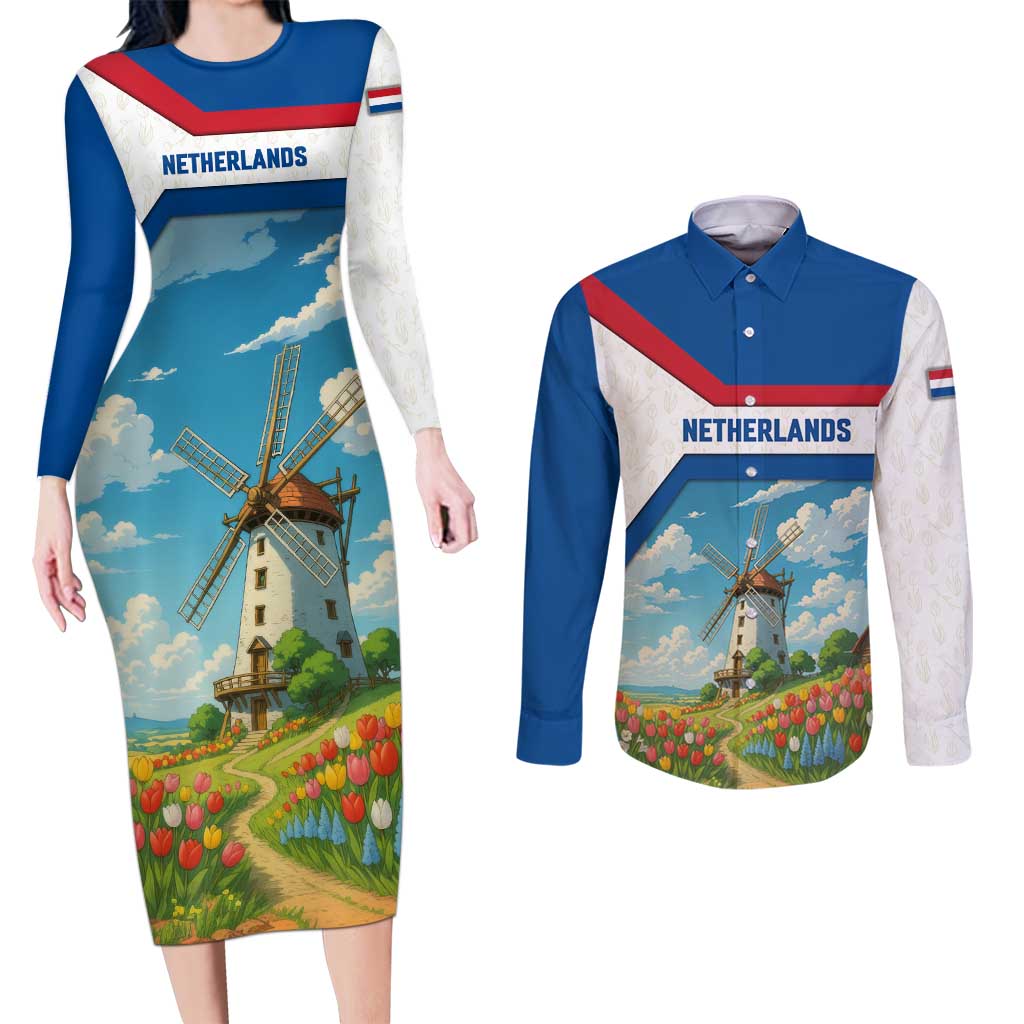 Netherlands Couples Matching Long Sleeve Bodycon Dress and Long Sleeve Button Shirt Dutch Windmill and Tulip Field Landscape in National Flag Colors - Wonder Print Shop