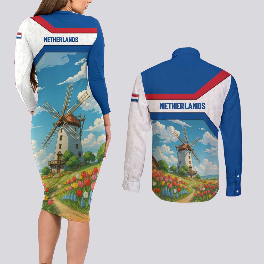 Netherlands Couples Matching Long Sleeve Bodycon Dress and Long Sleeve Button Shirt Dutch Windmill and Tulip Field Landscape in National Flag Colors - Wonder Print Shop
