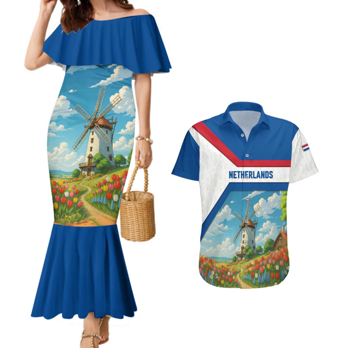 Netherlands Couples Matching Mermaid Dress and Hawaiian Shirt Dutch Windmill and Tulip Field Landscape in National Flag Colors - Wonder Print Shop
