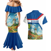 Netherlands Couples Matching Mermaid Dress and Hawaiian Shirt Dutch Windmill and Tulip Field Landscape in National Flag Colors - Wonder Print Shop