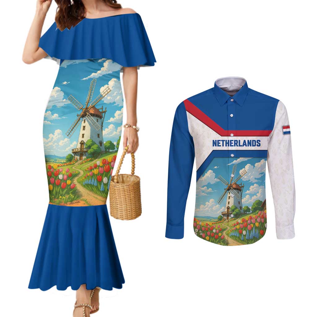 Netherlands Couples Matching Mermaid Dress and Long Sleeve Button Shirt Dutch Windmill and Tulip Field Landscape in National Flag Colors - Wonder Print Shop