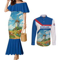 Netherlands Couples Matching Mermaid Dress and Long Sleeve Button Shirt Dutch Windmill and Tulip Field Landscape in National Flag Colors - Wonder Print Shop