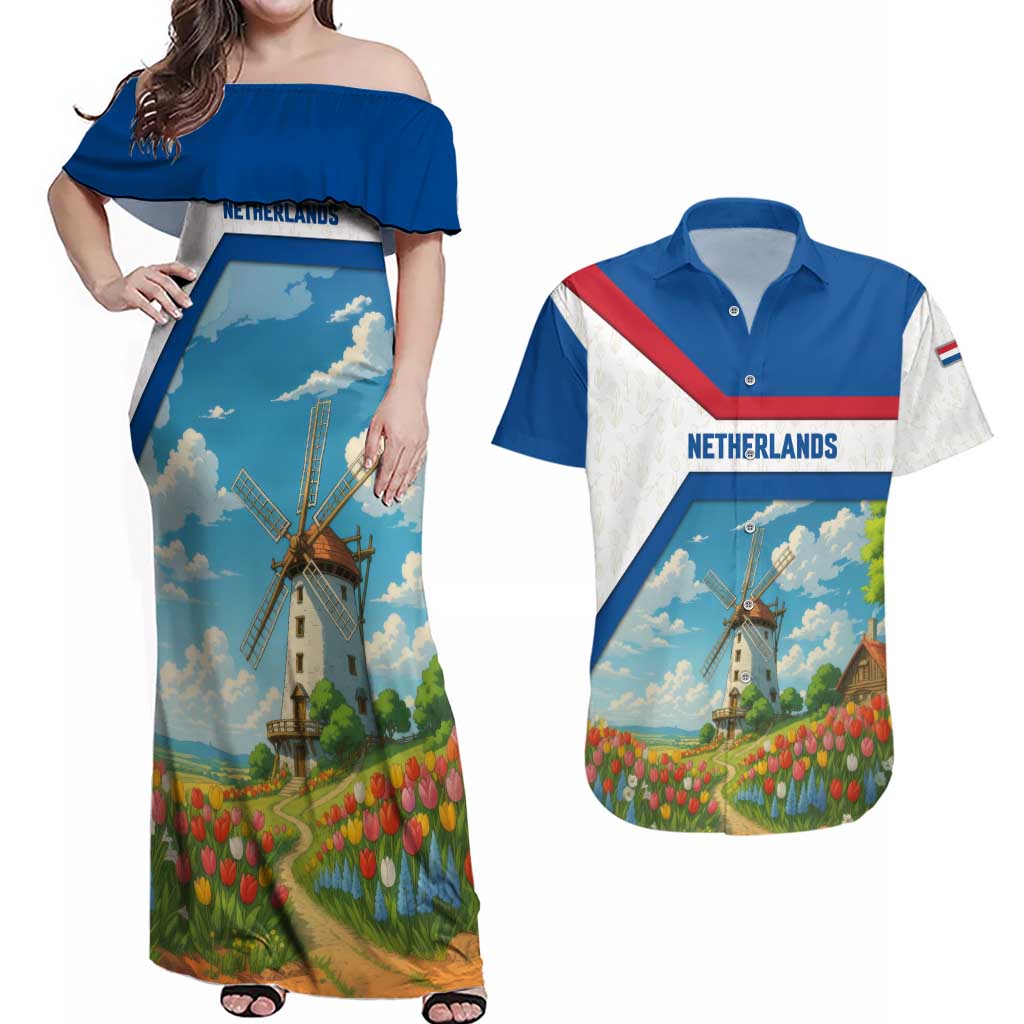 Netherlands Couples Matching Off Shoulder Maxi Dress and Hawaiian Shirt Dutch Windmill and Tulip Field Landscape in National Flag Colors - Wonder Print Shop