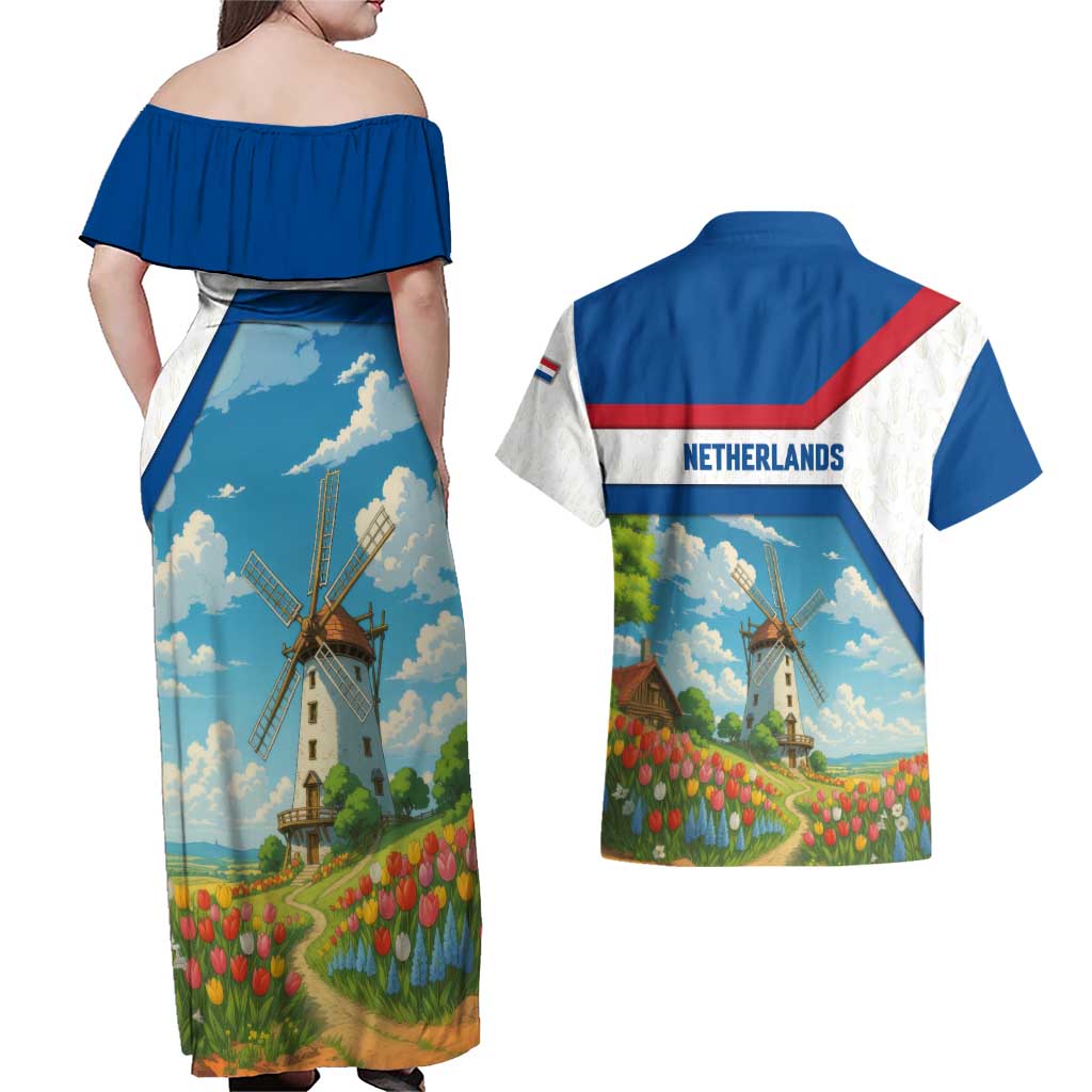 Netherlands Couples Matching Off Shoulder Maxi Dress and Hawaiian Shirt Dutch Windmill and Tulip Field Landscape in National Flag Colors - Wonder Print Shop