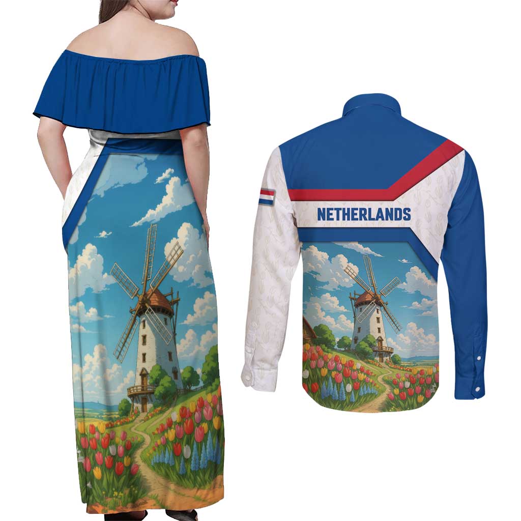 Netherlands Couples Matching Off Shoulder Maxi Dress and Long Sleeve Button Shirt Dutch Windmill and Tulip Field Landscape in National Flag Colors - Wonder Print Shop
