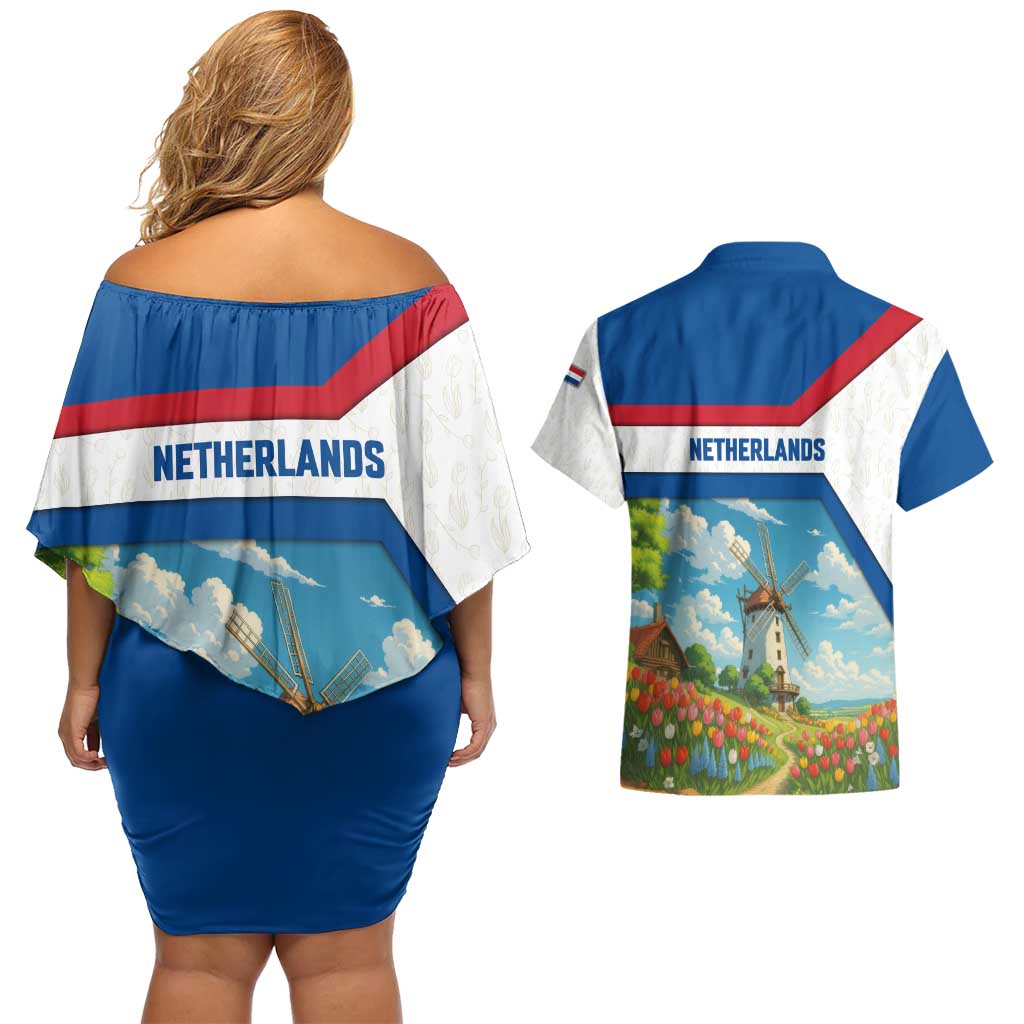 Netherlands Couples Matching Off Shoulder Short Dress and Hawaiian Shirt Dutch Windmill and Tulip Field Landscape in National Flag Colors - Wonder Print Shop
