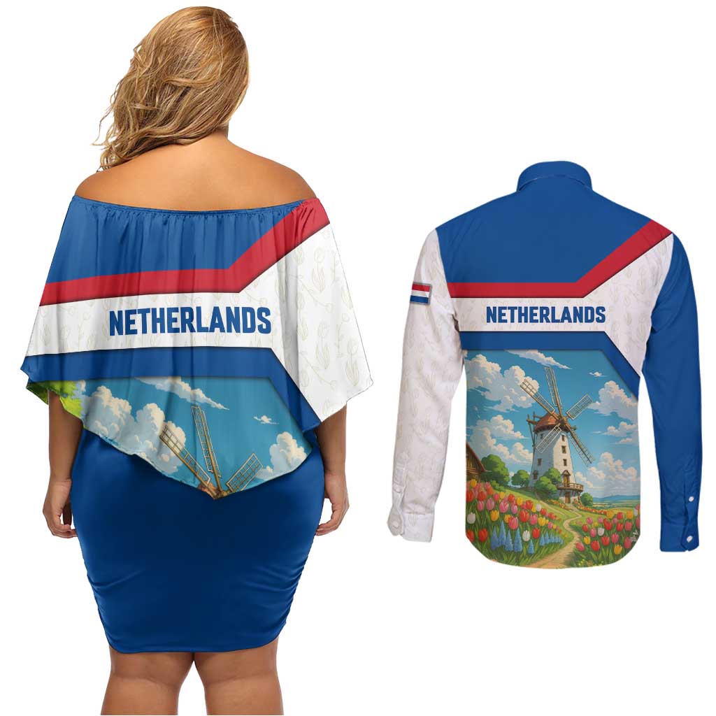 Netherlands Couples Matching Off Shoulder Short Dress and Long Sleeve Button Shirt Dutch Windmill and Tulip Field Landscape in National Flag Colors - Wonder Print Shop