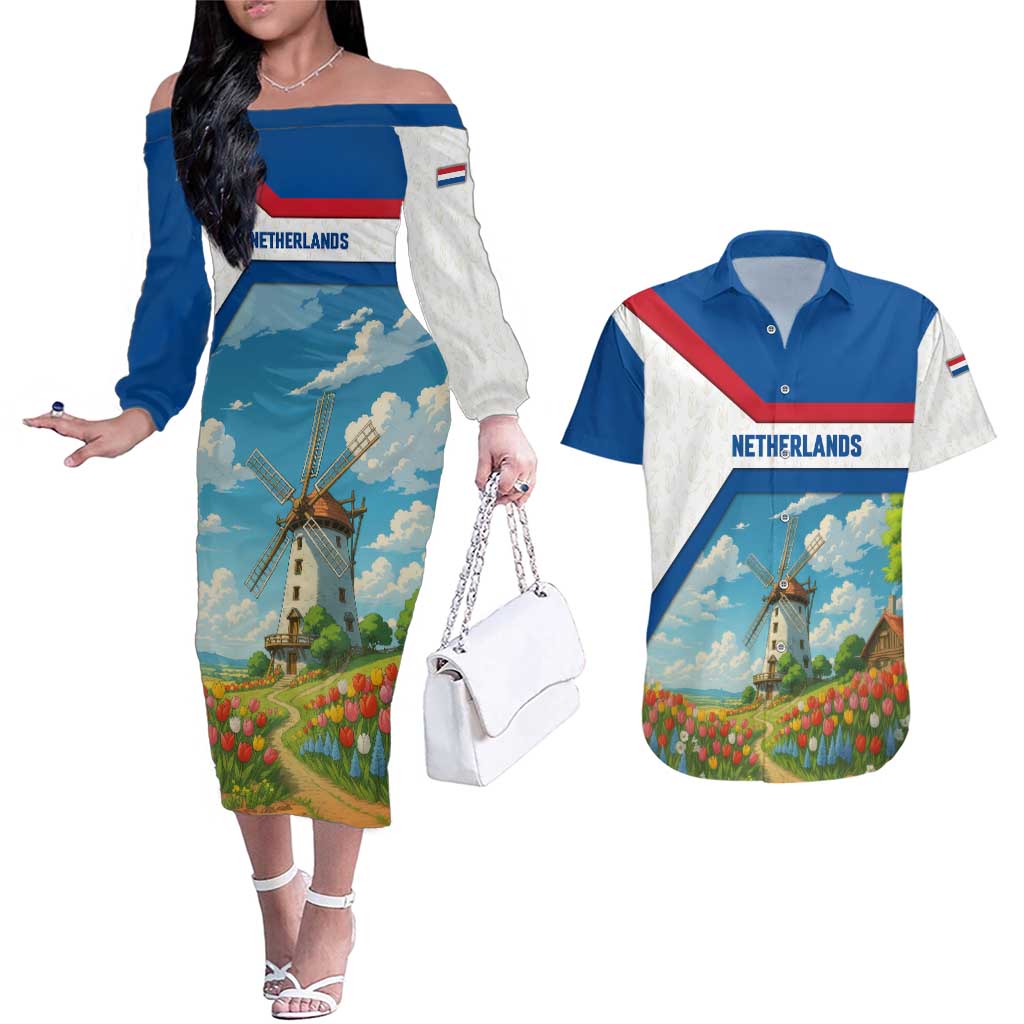Netherlands Couples Matching Off The Shoulder Long Sleeve Dress and Hawaiian Shirt Dutch Windmill and Tulip Field Landscape in National Flag Colors - Wonder Print Shop