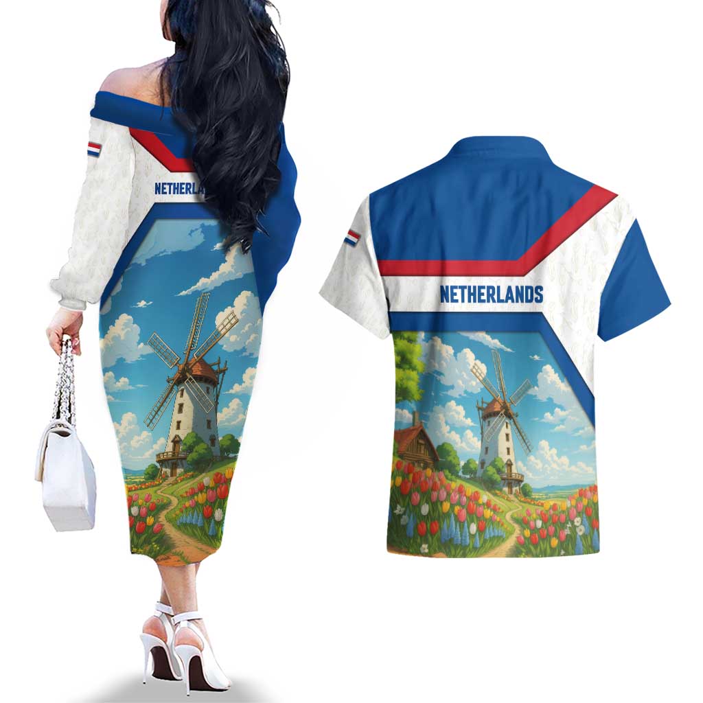 Netherlands Couples Matching Off The Shoulder Long Sleeve Dress and Hawaiian Shirt Dutch Windmill and Tulip Field Landscape in National Flag Colors - Wonder Print Shop