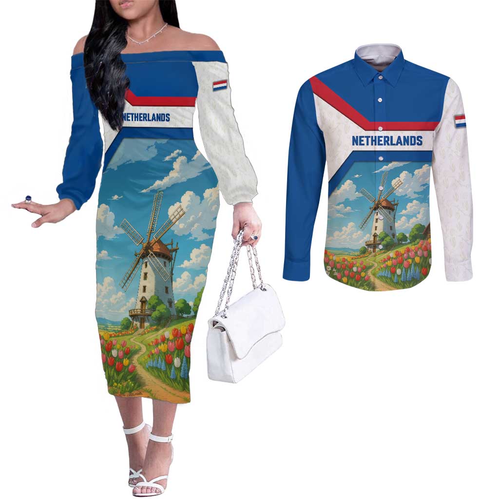Netherlands Couples Matching Off The Shoulder Long Sleeve Dress and Long Sleeve Button Shirt Dutch Windmill and Tulip Field Landscape in National Flag Colors - Wonder Print Shop