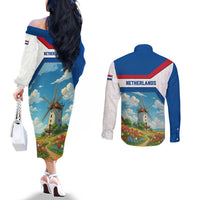 Netherlands Couples Matching Off The Shoulder Long Sleeve Dress and Long Sleeve Button Shirt Dutch Windmill and Tulip Field Landscape in National Flag Colors - Wonder Print Shop