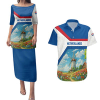Netherlands Couples Matching Puletasi and Hawaiian Shirt Dutch Windmill and Tulip Field Landscape in National Flag Colors - Wonder Print Shop