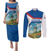 Netherlands Couples Matching Puletasi and Long Sleeve Button Shirt Dutch Windmill and Tulip Field Landscape in National Flag Colors - Wonder Print Shop