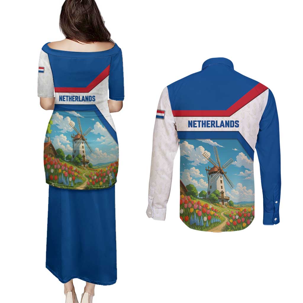 Netherlands Couples Matching Puletasi and Long Sleeve Button Shirt Dutch Windmill and Tulip Field Landscape in National Flag Colors - Wonder Print Shop