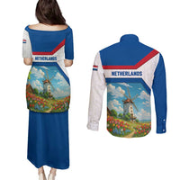 Netherlands Couples Matching Puletasi and Long Sleeve Button Shirt Dutch Windmill and Tulip Field Landscape in National Flag Colors - Wonder Print Shop