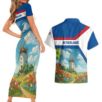 Netherlands Couples Matching Short Sleeve Bodycon Dress and Hawaiian Shirt Dutch Windmill and Tulip Field Landscape in National Flag Colors - Wonder Print Shop