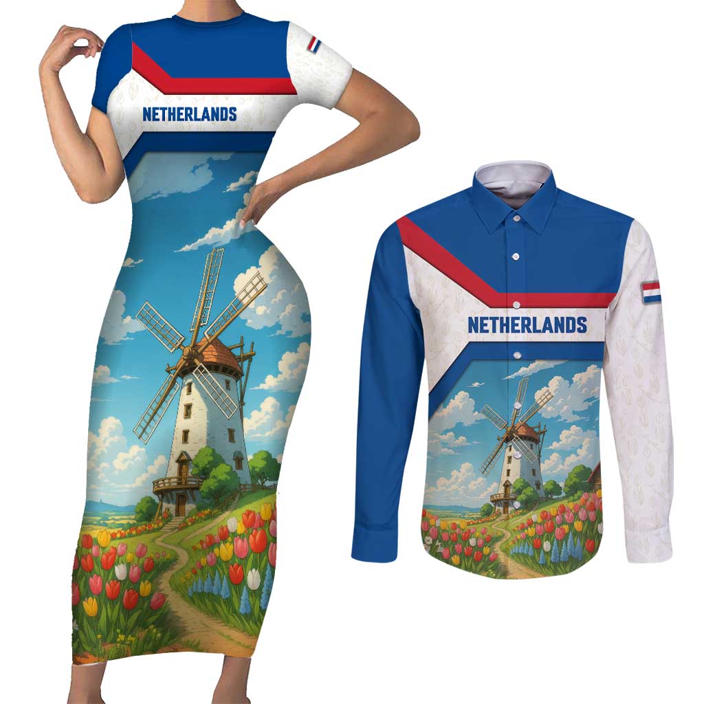 Netherlands Couples Matching Short Sleeve Bodycon Dress and Long Sleeve Button Shirt Dutch Windmill and Tulip Field Landscape in National Flag Colors - Wonder Print Shop