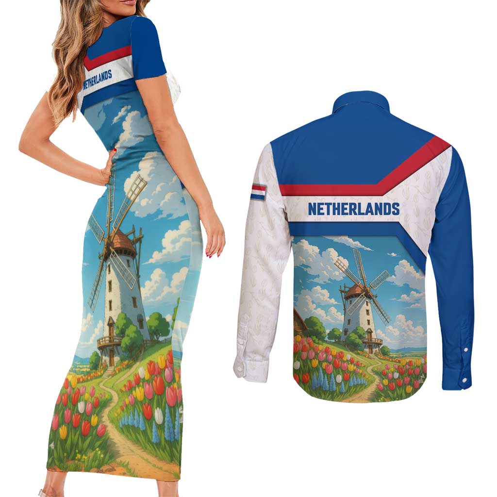 Netherlands Couples Matching Short Sleeve Bodycon Dress and Long Sleeve Button Shirt Dutch Windmill and Tulip Field Landscape in National Flag Colors - Wonder Print Shop