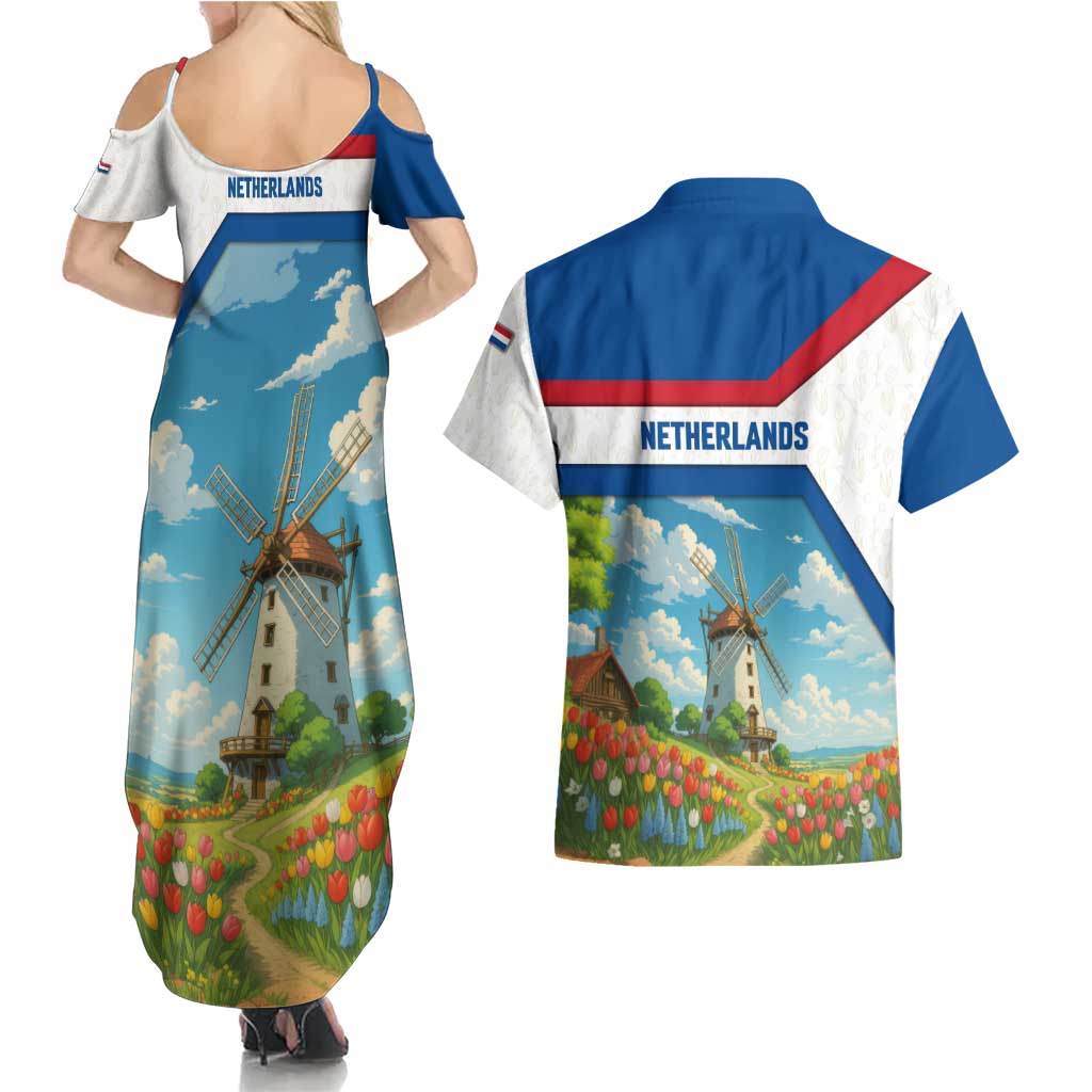 Netherlands Couples Matching Summer Maxi Dress and Hawaiian Shirt Dutch Windmill and Tulip Field Landscape in National Flag Colors - Wonder Print Shop