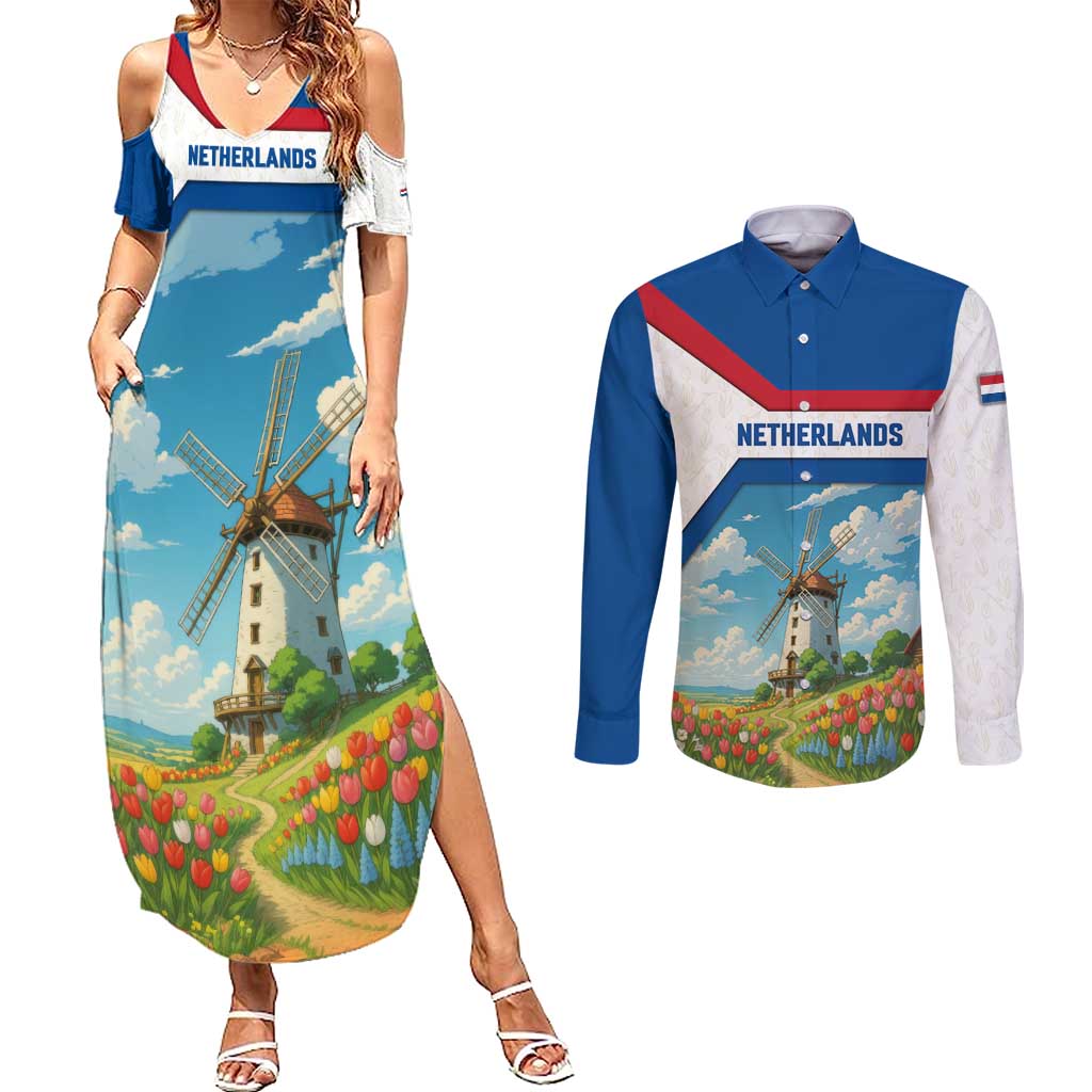 Netherlands Couples Matching Summer Maxi Dress and Long Sleeve Button Shirt Dutch Windmill and Tulip Field Landscape in National Flag Colors - Wonder Print Shop