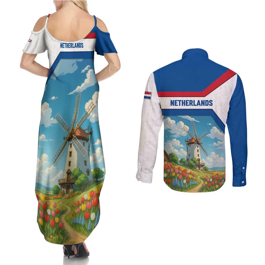 Netherlands Couples Matching Summer Maxi Dress and Long Sleeve Button Shirt Dutch Windmill and Tulip Field Landscape in National Flag Colors - Wonder Print Shop