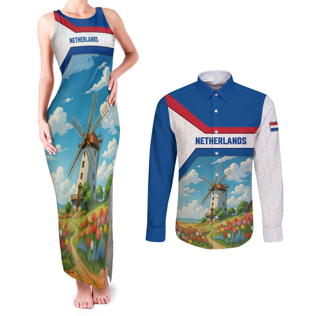 Netherlands Couples Matching Tank Maxi Dress and Long Sleeve Button Shirt Dutch Windmill and Tulip Field Landscape in National Flag Colors - Wonder Print Shop