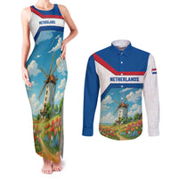 Netherlands Couples Matching Tank Maxi Dress and Long Sleeve Button Shirt Dutch Windmill and Tulip Field Landscape in National Flag Colors - Wonder Print Shop