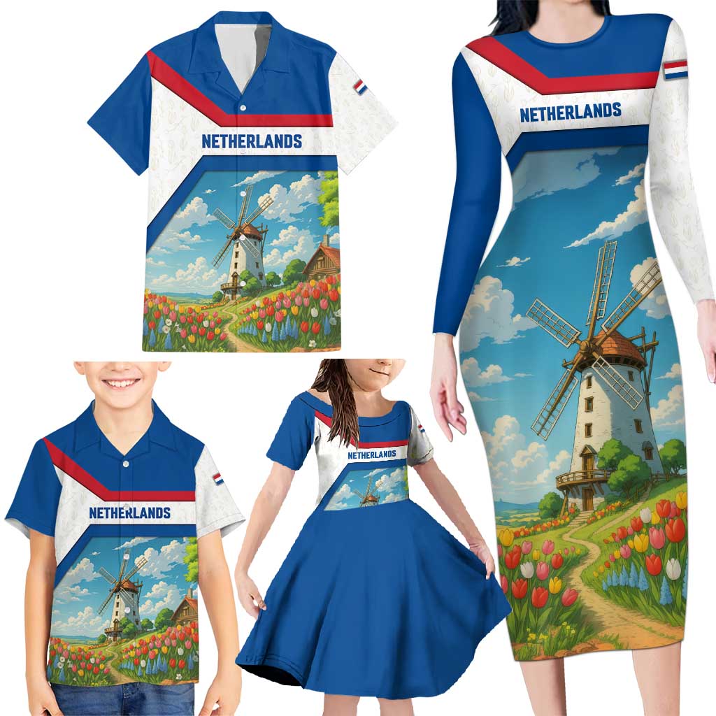 Netherlands Family Matching Long Sleeve Bodycon Dress and Hawaiian Shirt Dutch Windmill and Tulip Field Landscape in National Flag Colors - Wonder Print Shop