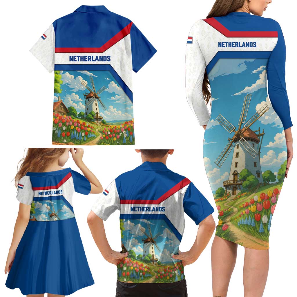 Netherlands Family Matching Long Sleeve Bodycon Dress and Hawaiian Shirt Dutch Windmill and Tulip Field Landscape in National Flag Colors - Wonder Print Shop