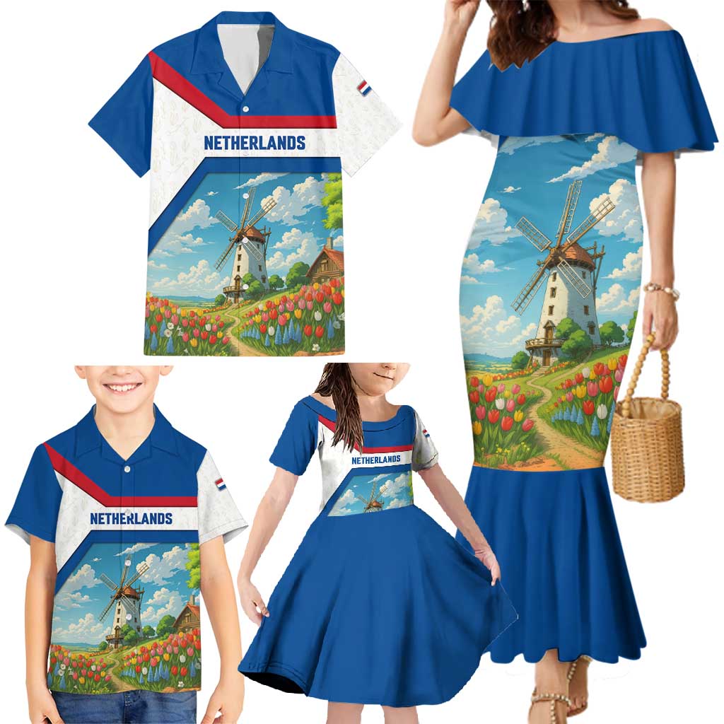 Netherlands Family Matching Mermaid Dress and Hawaiian Shirt Dutch Windmill and Tulip Field Landscape in National Flag Colors - Wonder Print Shop