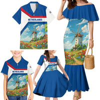 Netherlands Family Matching Mermaid Dress and Hawaiian Shirt Dutch Windmill and Tulip Field Landscape in National Flag Colors - Wonder Print Shop