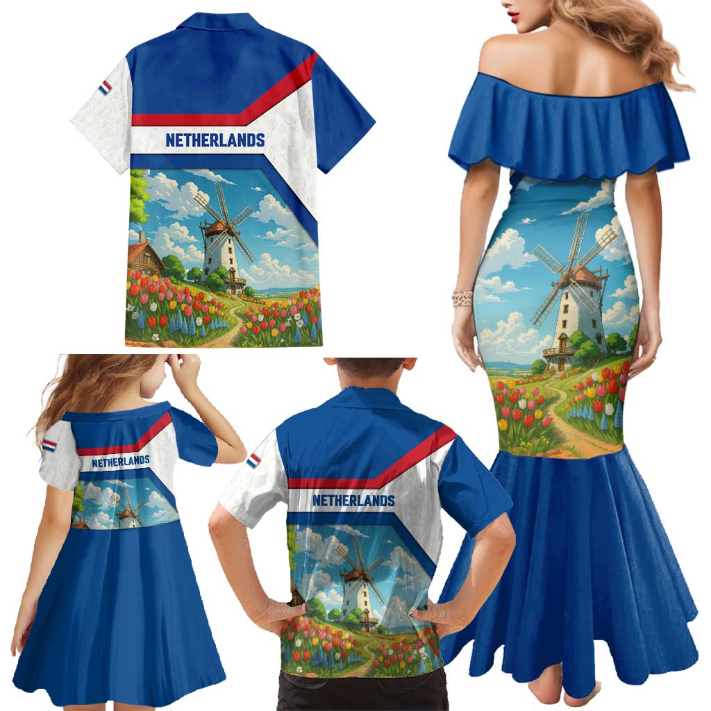 Netherlands Family Matching Mermaid Dress and Hawaiian Shirt Dutch Windmill and Tulip Field Landscape in National Flag Colors - Wonder Print Shop
