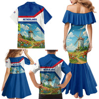 Netherlands Family Matching Mermaid Dress and Hawaiian Shirt Dutch Windmill and Tulip Field Landscape in National Flag Colors - Wonder Print Shop