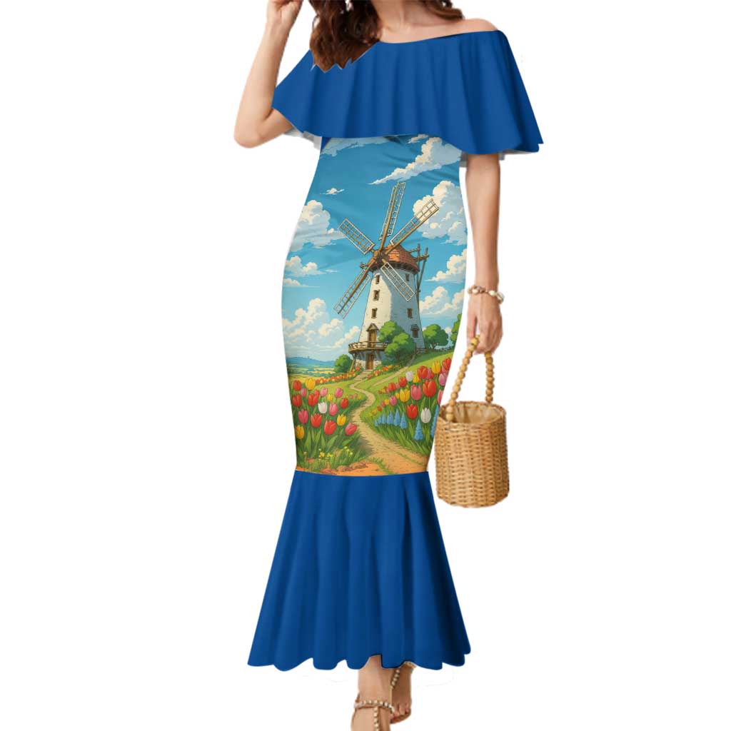 Netherlands Family Matching Mermaid Dress and Hawaiian Shirt Dutch Windmill and Tulip Field Landscape in National Flag Colors - Wonder Print Shop