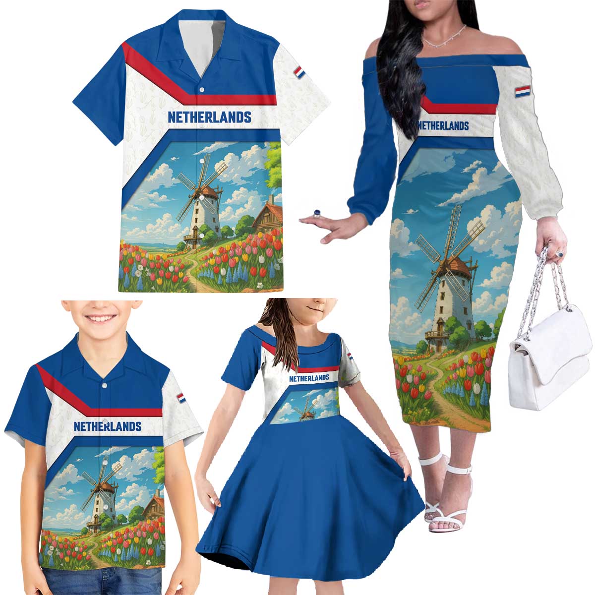Netherlands Family Matching Off The Shoulder Long Sleeve Dress and Hawaiian Shirt Dutch Windmill and Tulip Field Landscape in National Flag Colors - Wonder Print Shop