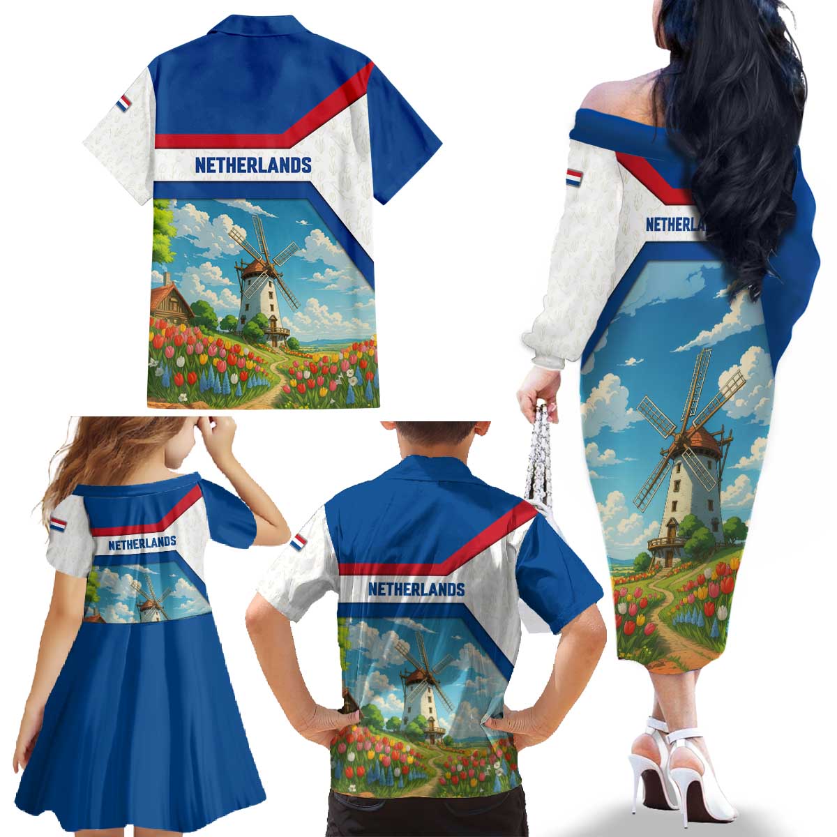 Netherlands Family Matching Off The Shoulder Long Sleeve Dress and Hawaiian Shirt Dutch Windmill and Tulip Field Landscape in National Flag Colors - Wonder Print Shop