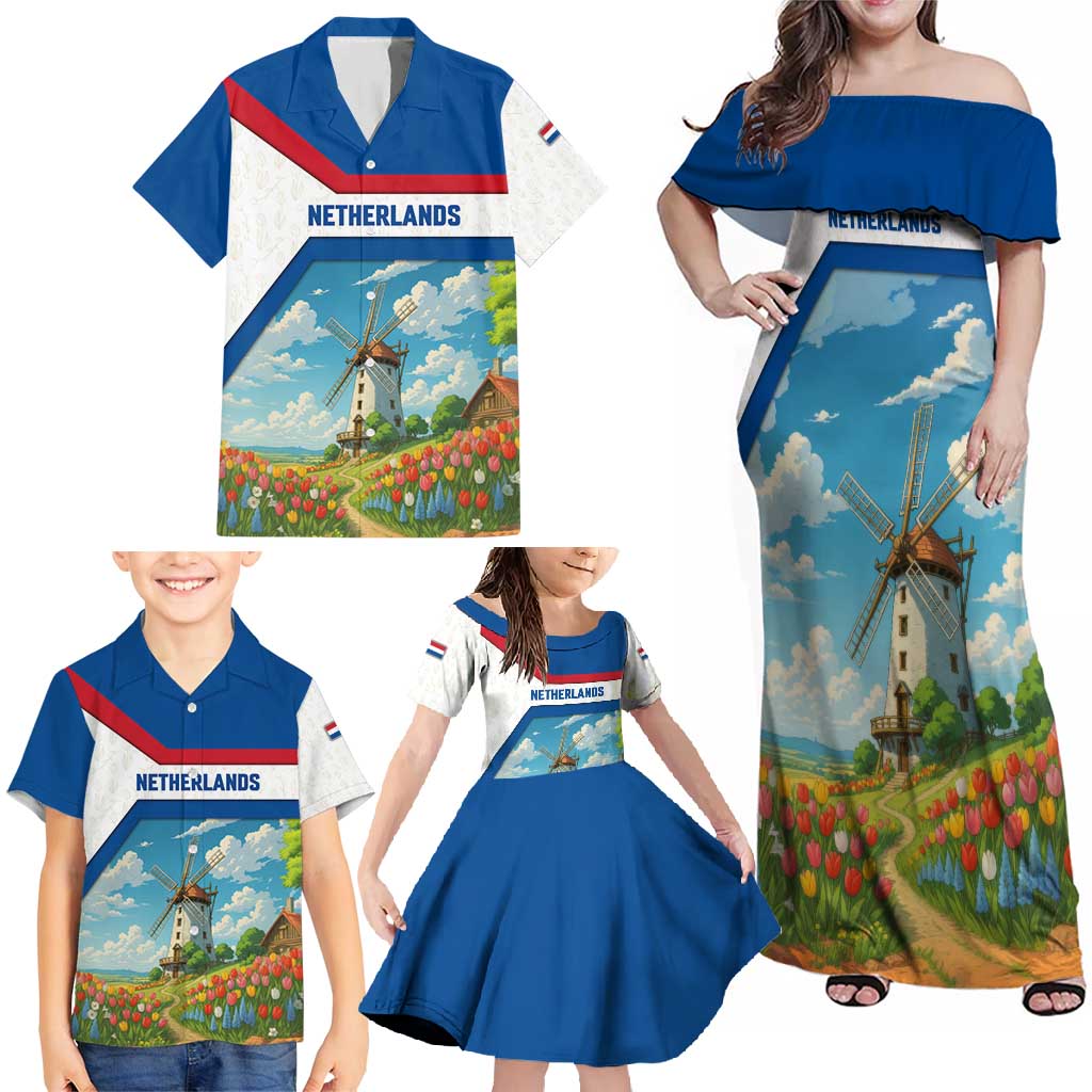 Netherlands Family Matching Off Shoulder Maxi Dress and Hawaiian Shirt Dutch Windmill and Tulip Field Landscape in National Flag Colors - Wonder Print Shop