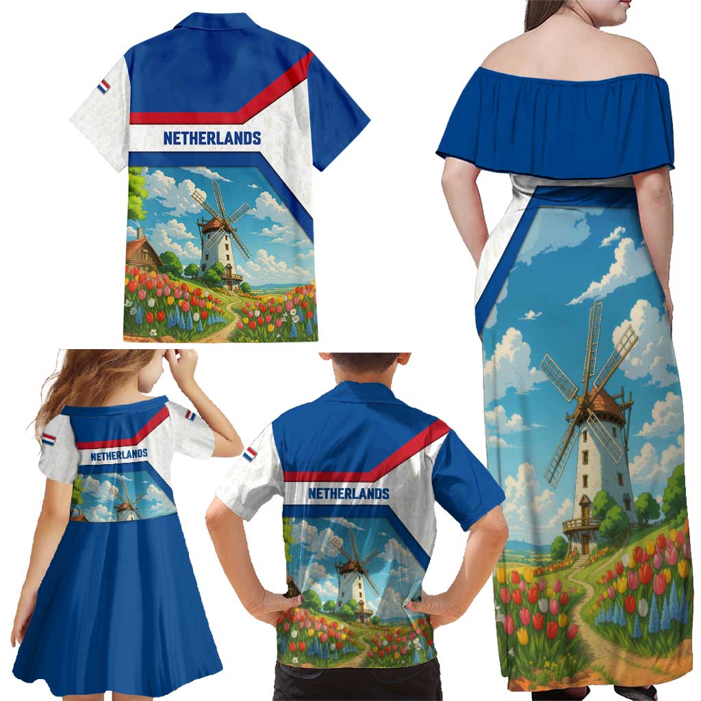 Netherlands Family Matching Off Shoulder Maxi Dress and Hawaiian Shirt Dutch Windmill and Tulip Field Landscape in National Flag Colors - Wonder Print Shop