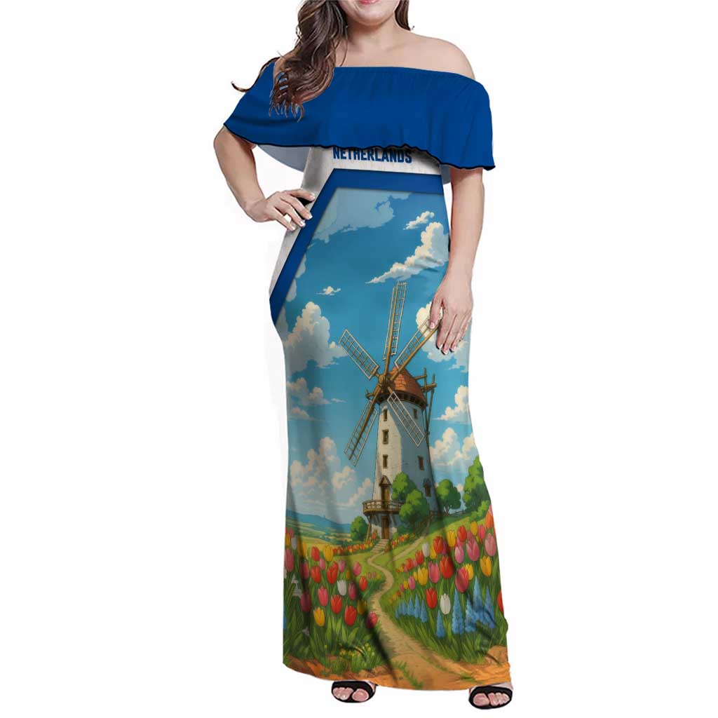 Netherlands Family Matching Off Shoulder Maxi Dress and Hawaiian Shirt Dutch Windmill and Tulip Field Landscape in National Flag Colors - Wonder Print Shop