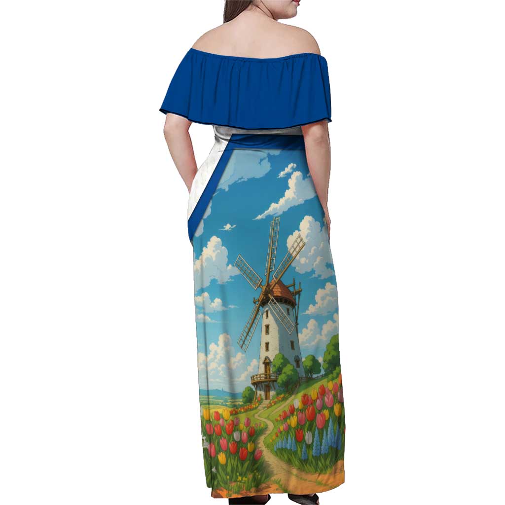 Netherlands Family Matching Off Shoulder Maxi Dress and Hawaiian Shirt Dutch Windmill and Tulip Field Landscape in National Flag Colors - Wonder Print Shop