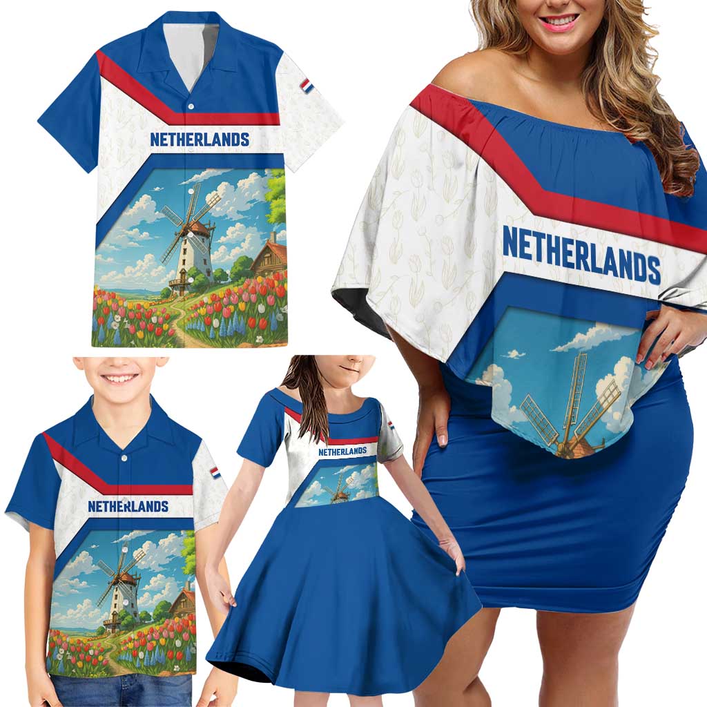 Netherlands Family Matching Off Shoulder Short Dress and Hawaiian Shirt Dutch Windmill and Tulip Field Landscape in National Flag Colors - Wonder Print Shop