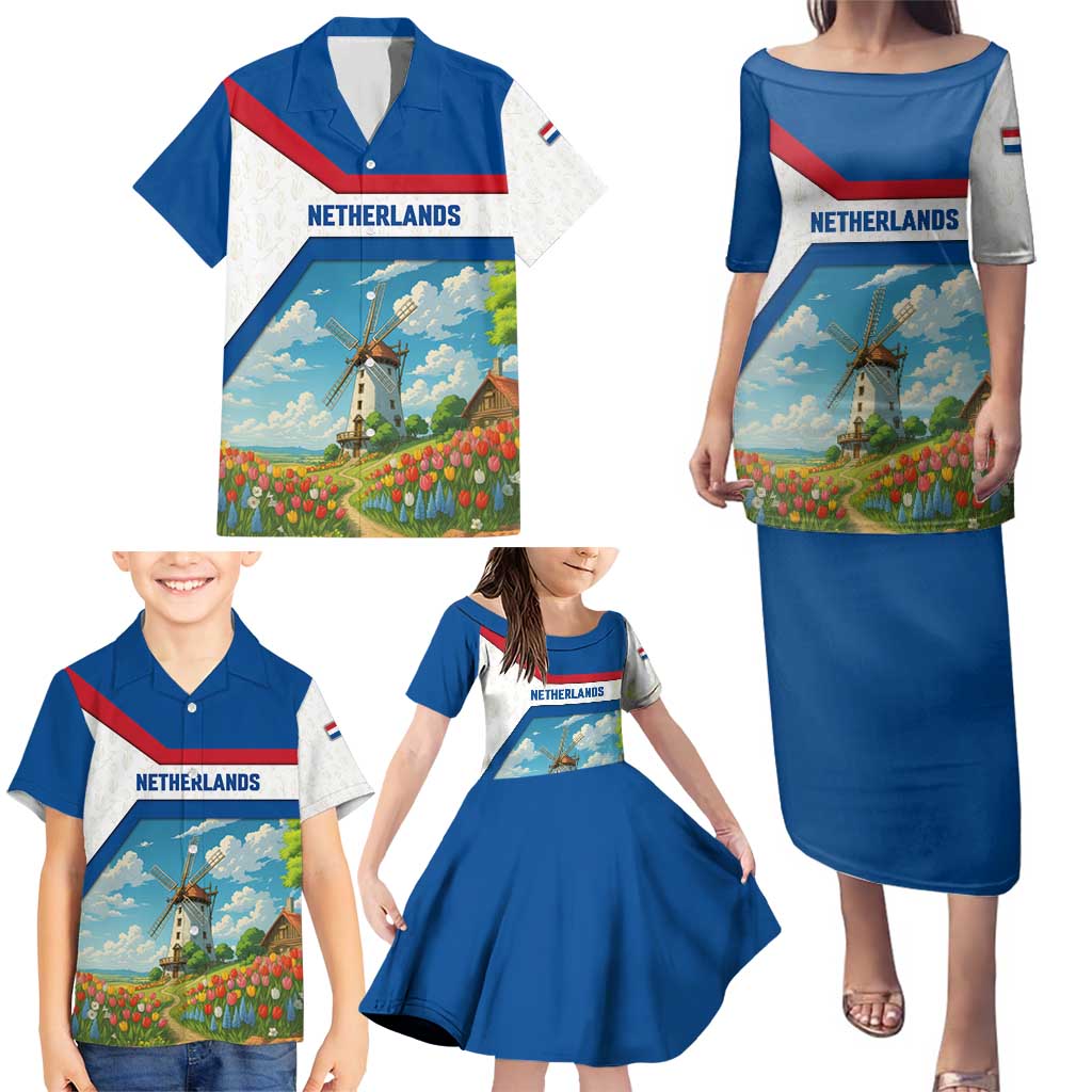 Netherlands Family Matching Puletasi and Hawaiian Shirt Dutch Windmill and Tulip Field Landscape in National Flag Colors - Wonder Print Shop