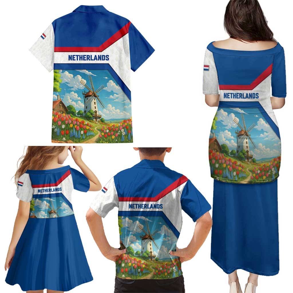 Netherlands Family Matching Puletasi and Hawaiian Shirt Dutch Windmill and Tulip Field Landscape in National Flag Colors - Wonder Print Shop