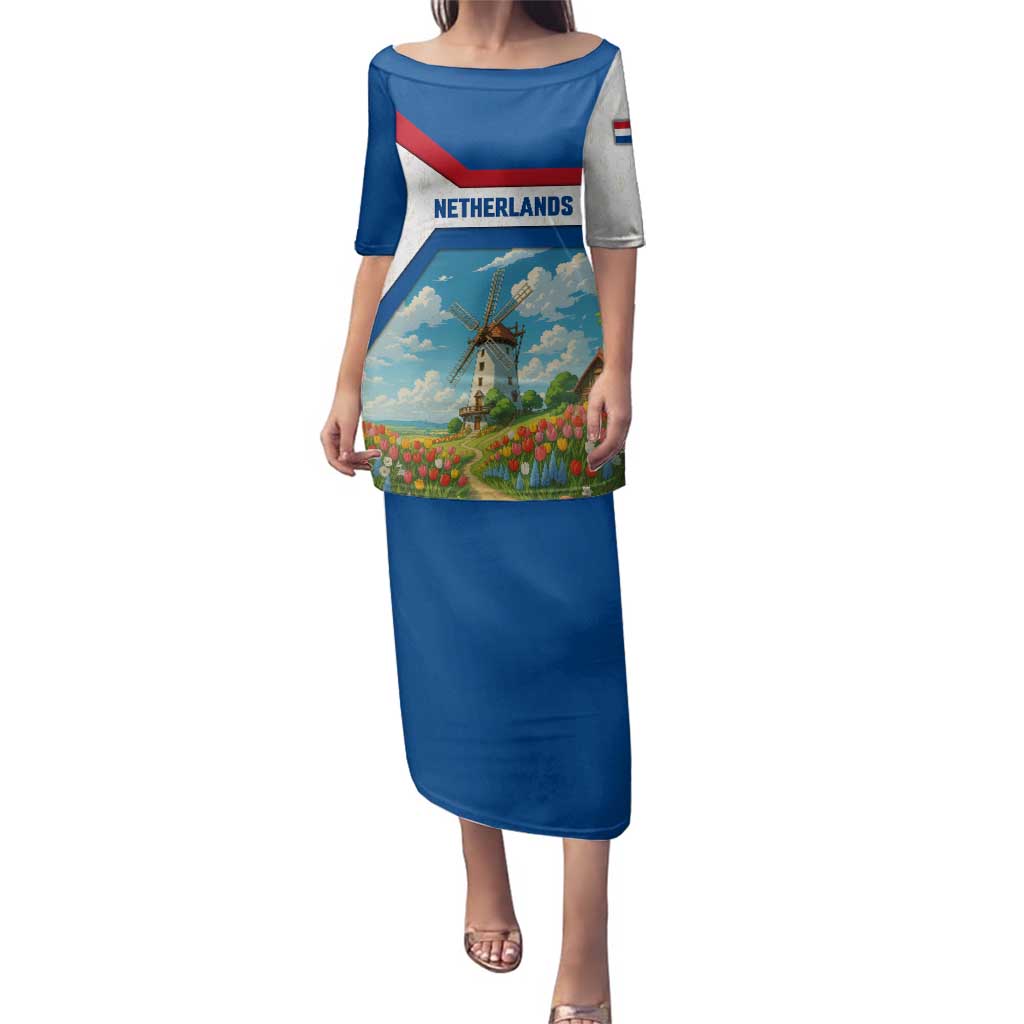 Netherlands Family Matching Puletasi and Hawaiian Shirt Dutch Windmill and Tulip Field Landscape in National Flag Colors - Wonder Print Shop