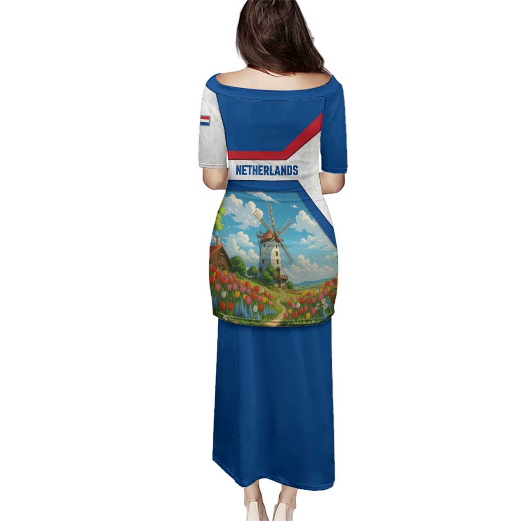 Netherlands Family Matching Puletasi and Hawaiian Shirt Dutch Windmill and Tulip Field Landscape in National Flag Colors - Wonder Print Shop