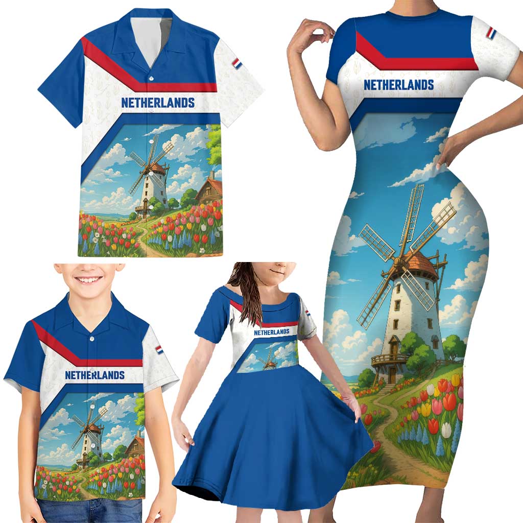 Netherlands Family Matching Short Sleeve Bodycon Dress and Hawaiian Shirt Dutch Windmill and Tulip Field Landscape in National Flag Colors - Wonder Print Shop