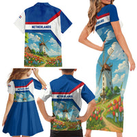 Netherlands Family Matching Short Sleeve Bodycon Dress and Hawaiian Shirt Dutch Windmill and Tulip Field Landscape in National Flag Colors - Wonder Print Shop