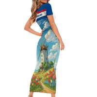 Netherlands Family Matching Short Sleeve Bodycon Dress and Hawaiian Shirt Dutch Windmill and Tulip Field Landscape in National Flag Colors - Wonder Print Shop